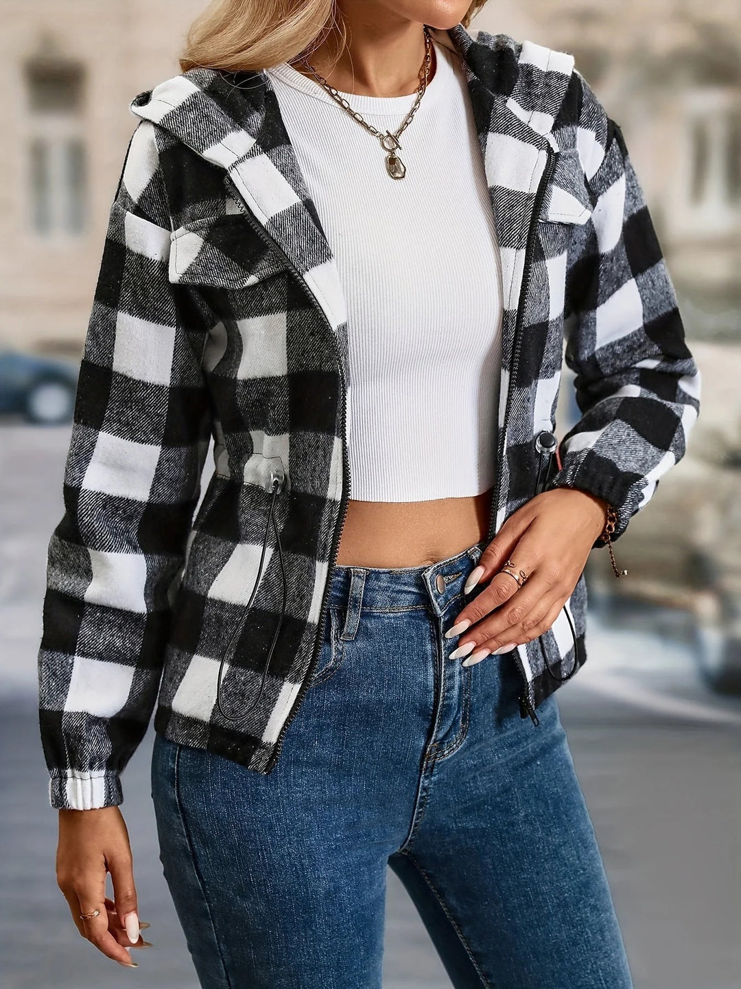 Women's Checkered Hooded Zip-Up Jacket