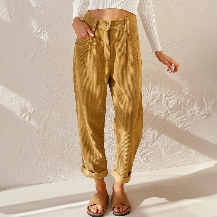 Women's High-Waisted Ribbed Straight-Leg Trousers