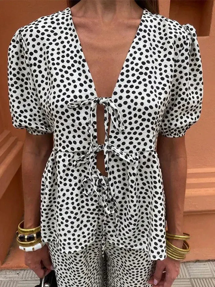Women's Printed Two-Piece Set with Tie-Blouse