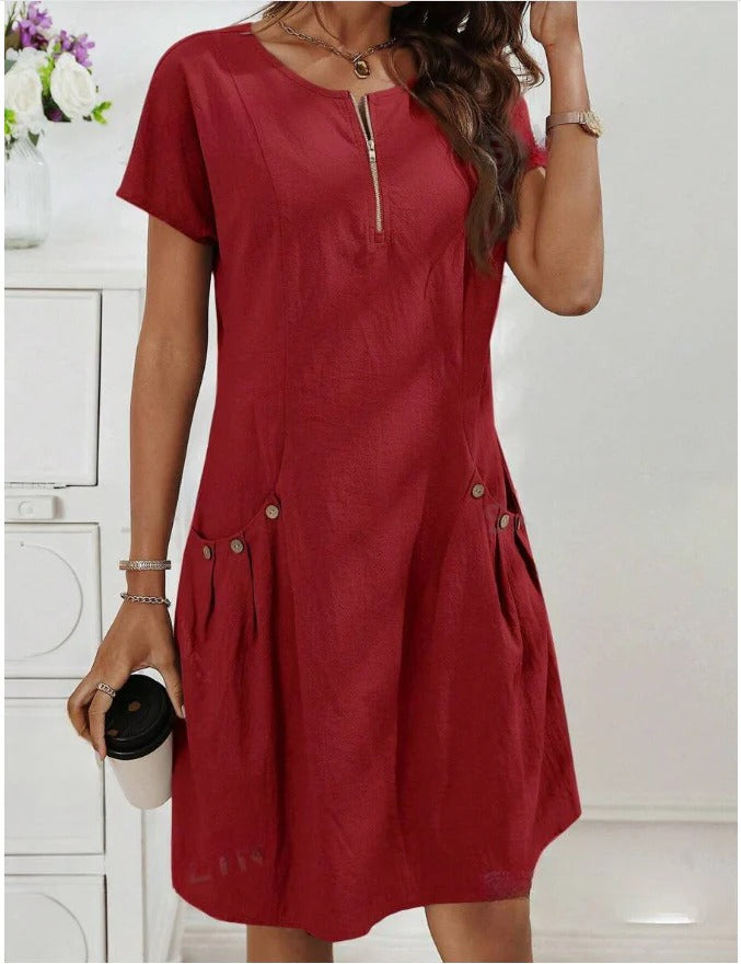 Women's Short-Sleeve Zip-Front Dress with Pockets