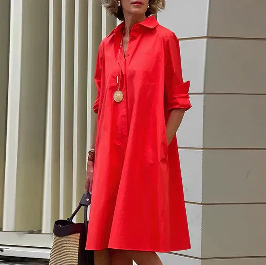 Women's Knee-Length Shirt Dress with Side Pockets
