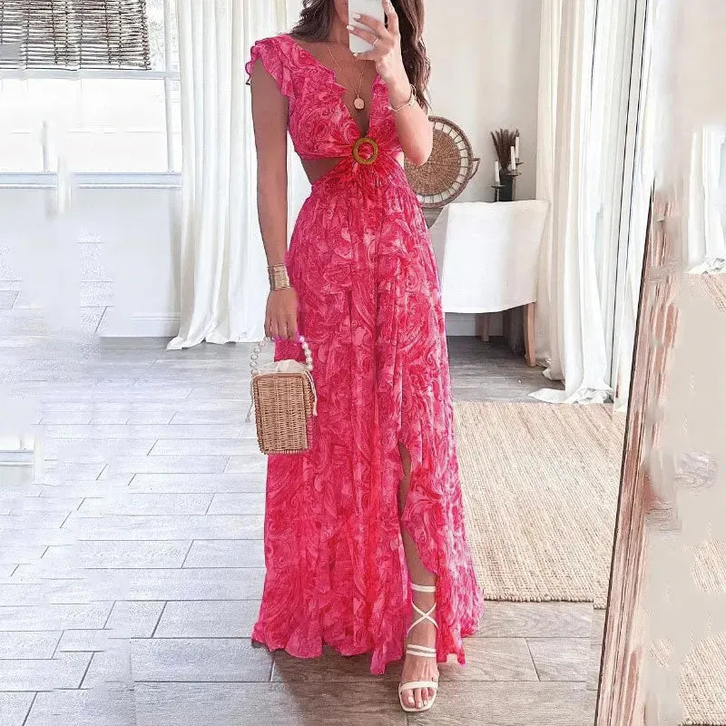 Women's Printed Maxi Dress with Ring Detail