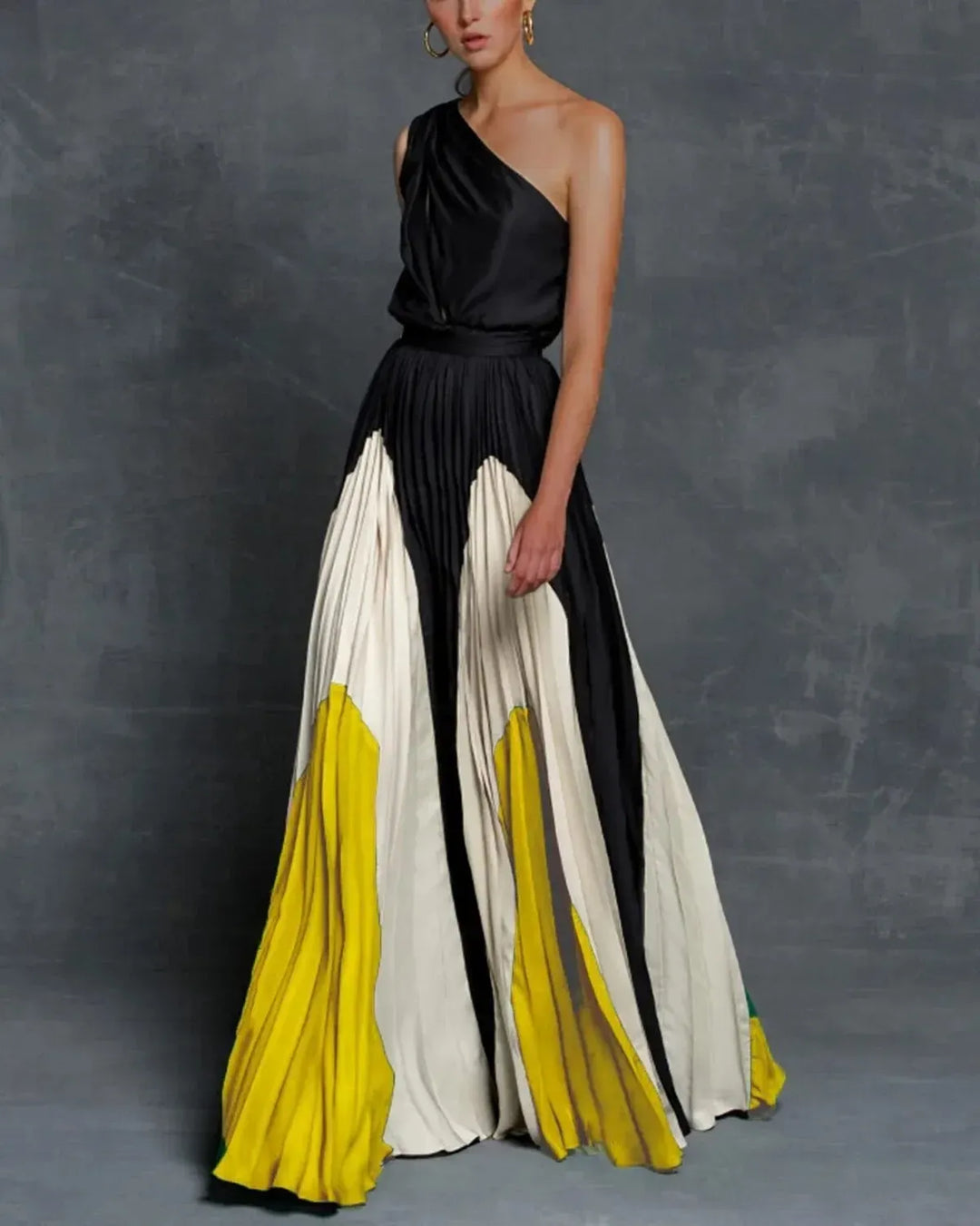Women's One-Shoulder Color-Block Pleated Maxi Dress