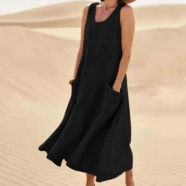 Women’s Sleeveless Midi Dress with Front Patch Pockets