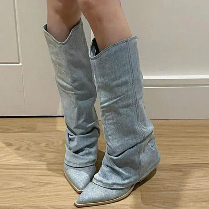 Women's Light-Wash Denim Mid-Calf Boots