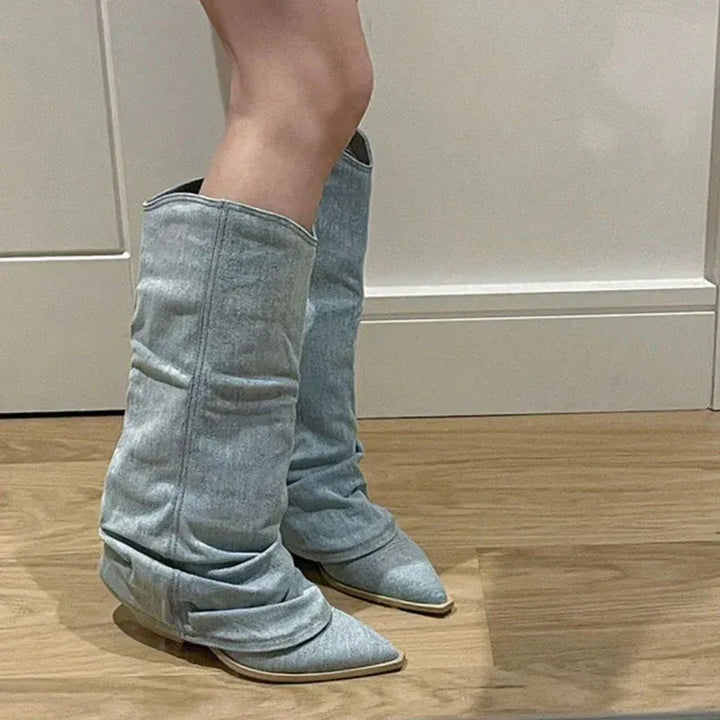 Women's Light-Wash Denim Mid-Calf Boots