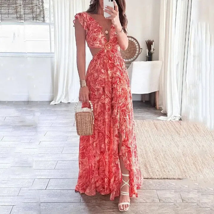 Women's Printed Maxi Dress with Ring Detail