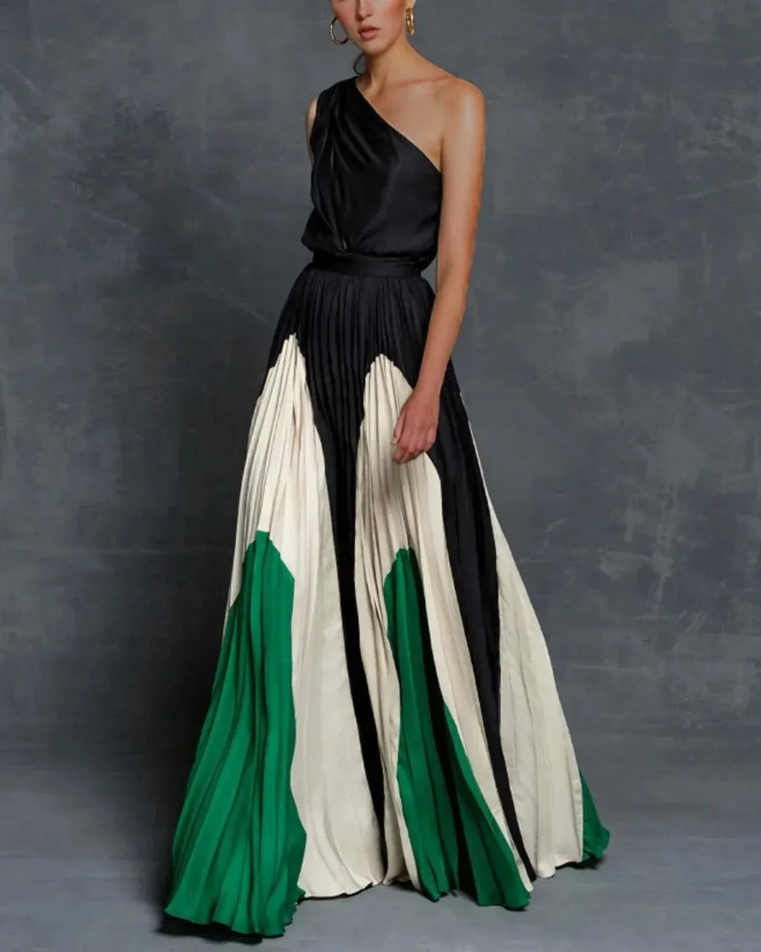 Women's One-Shoulder Color-Block Pleated Maxi Dress