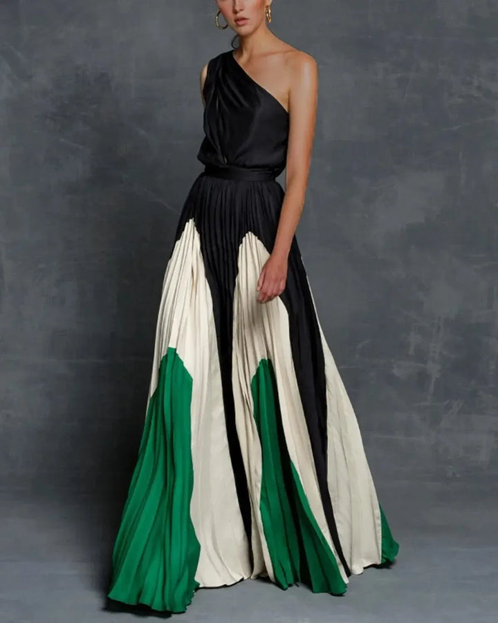 Women's One-Shoulder Color-Block Pleated Maxi Dress