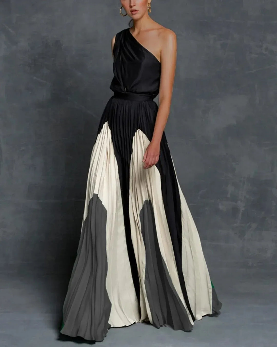 Women's One-Shoulder Color-Block Pleated Maxi Dress
