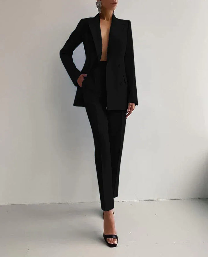 Women's Double-Breasted Blazer and High-Waisted Trouser Set