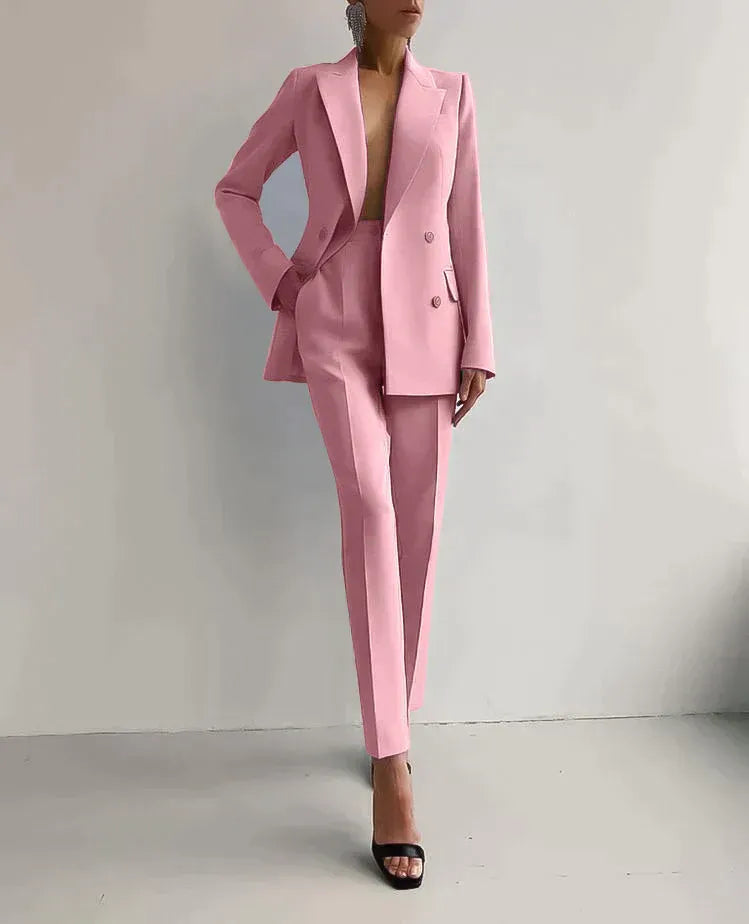 Women's Double-Breasted Blazer and High-Waisted Trouser Set