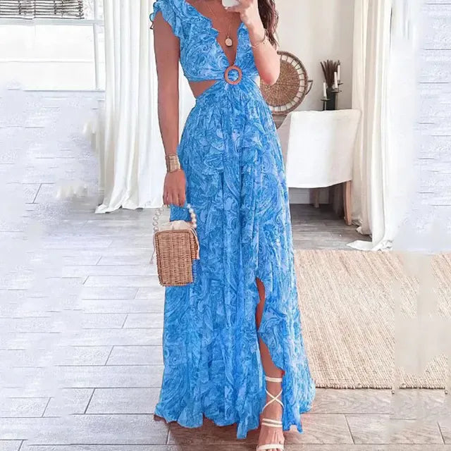 Women's Printed Maxi Dress with Ring Detail
