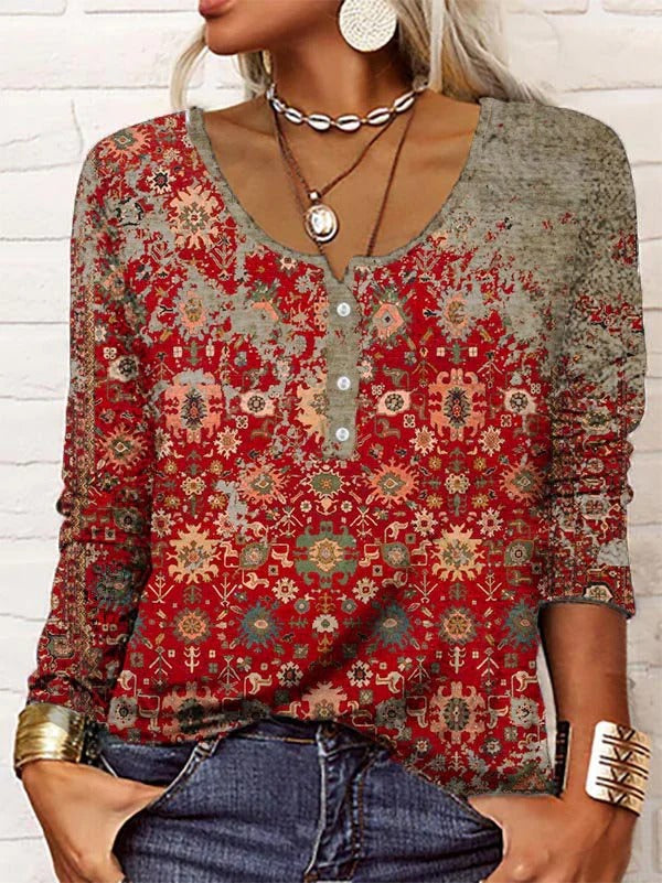 Women's Geometric Print Long-Sleeve Henley Top