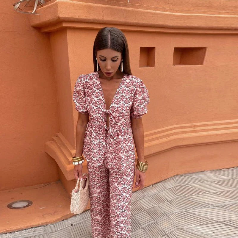 Women's Printed Two-Piece Set with Tie-Blouse
