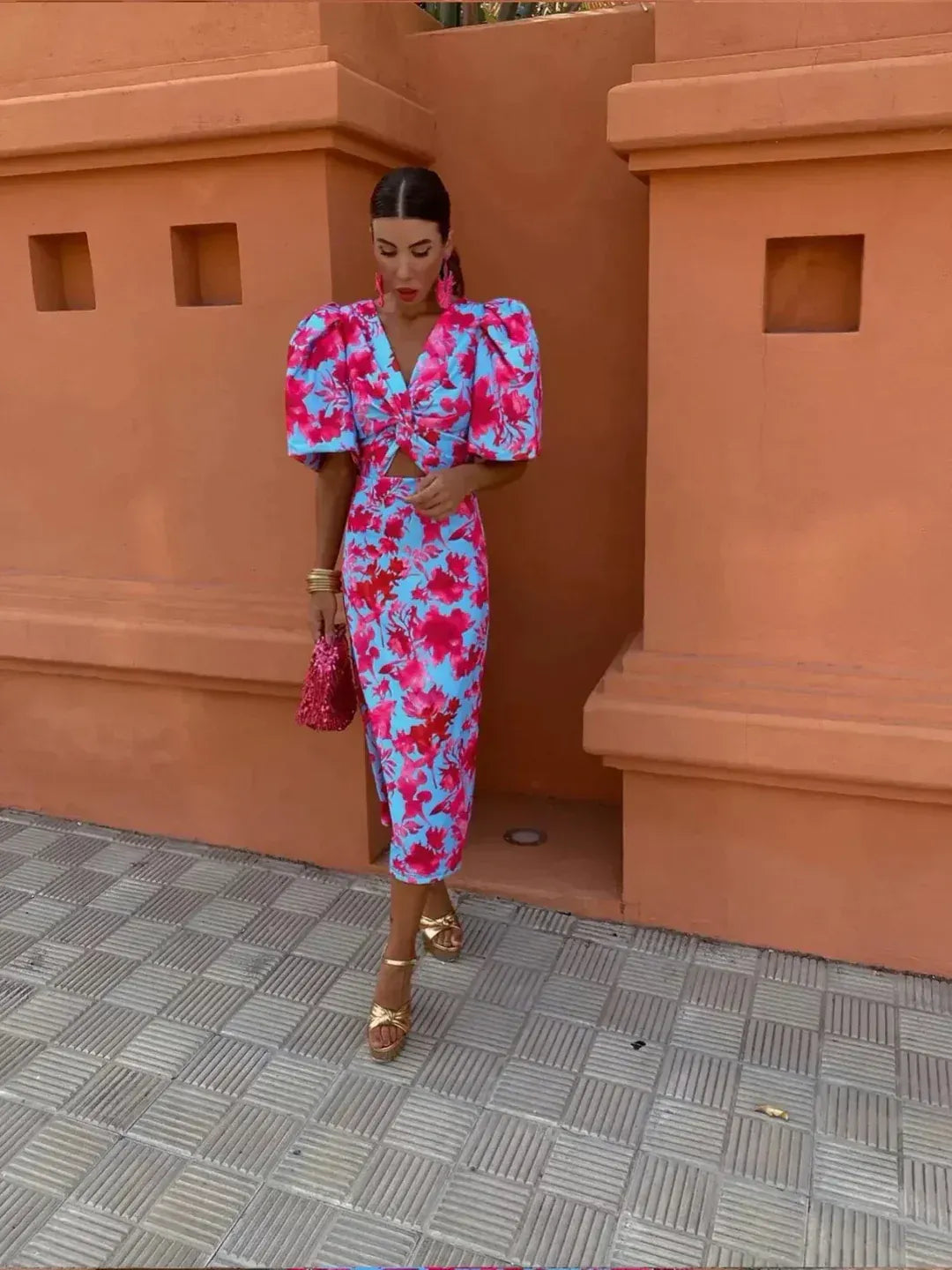 Women's Abstract Print Midi Dress with Puff Sleeves