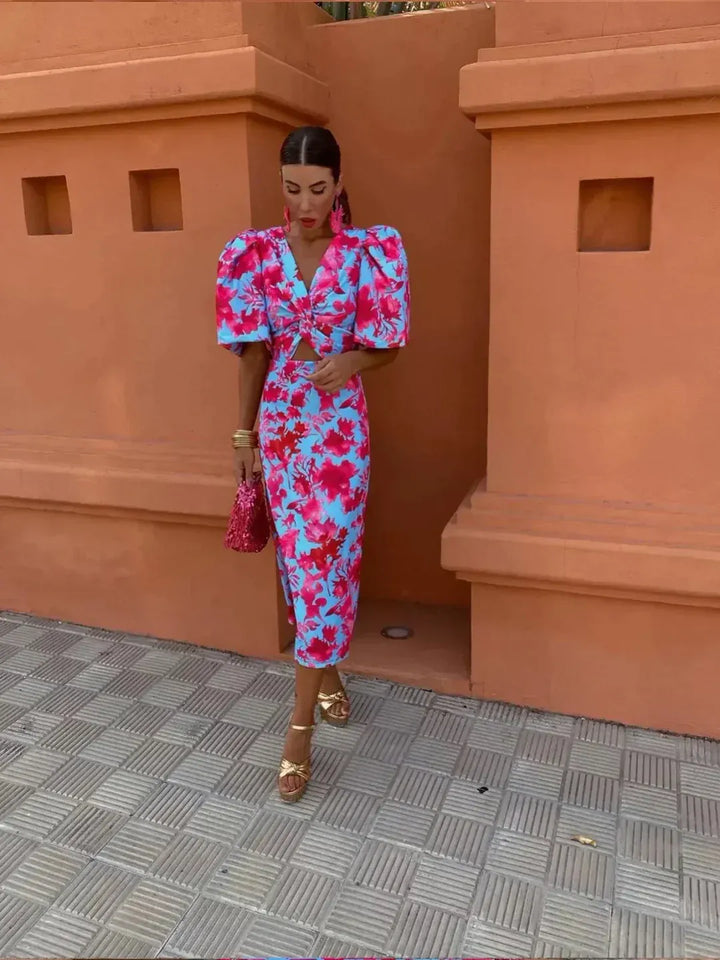 Women's Abstract Print Midi Dress with Puff Sleeves