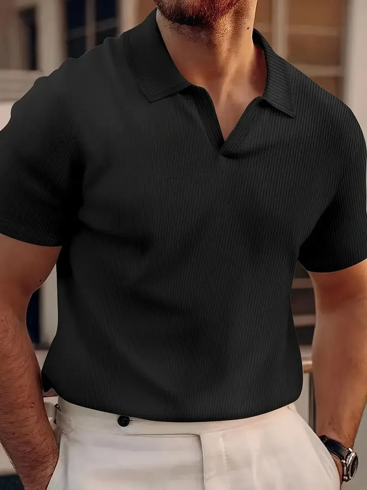 Men’s Ribbed Knit Polo Shirt with Open V-Neckline