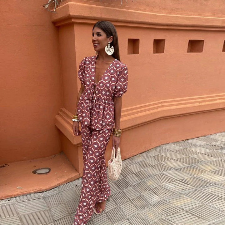 Women's Printed Two-Piece Set with Tie-Blouse