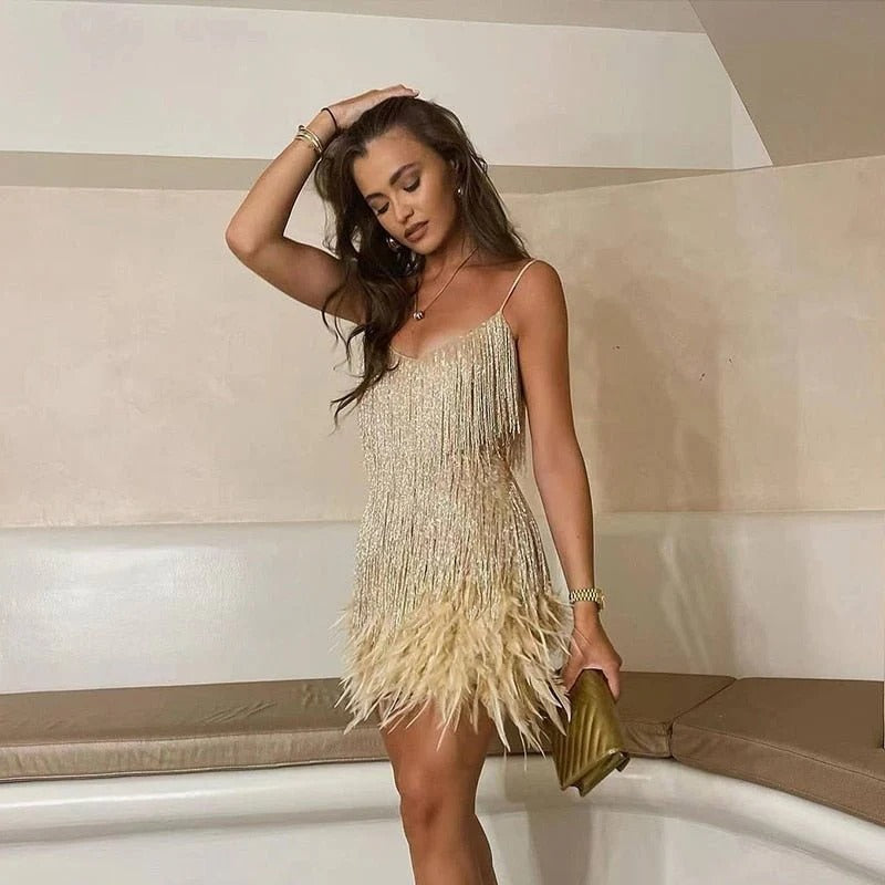 Women's Fringe and Feather Trim Mini Cocktail Dress