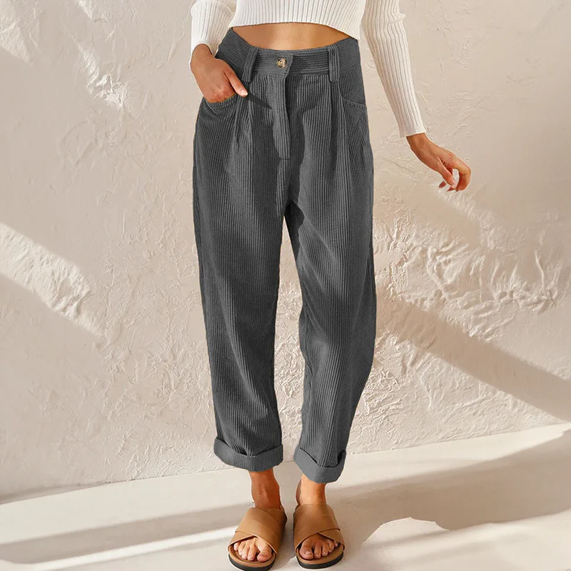 Women's High-Waisted Ribbed Straight-Leg Trousers