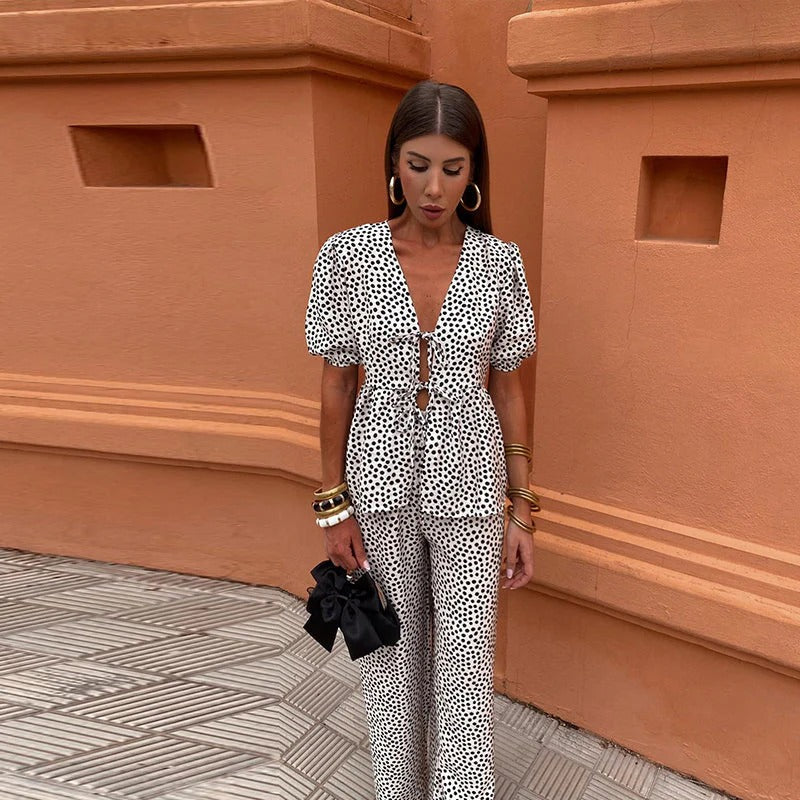 Women's Printed Two-Piece Set with Tie-Blouse