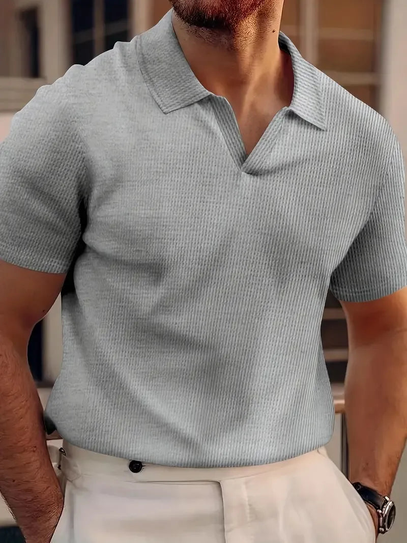 Men’s Ribbed Knit Polo Shirt with Open V-Neckline