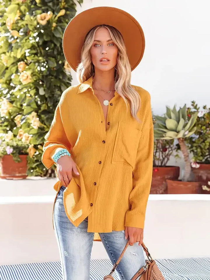 Women's Long-Sleeved Button-Down Blouse with Chest Pocket