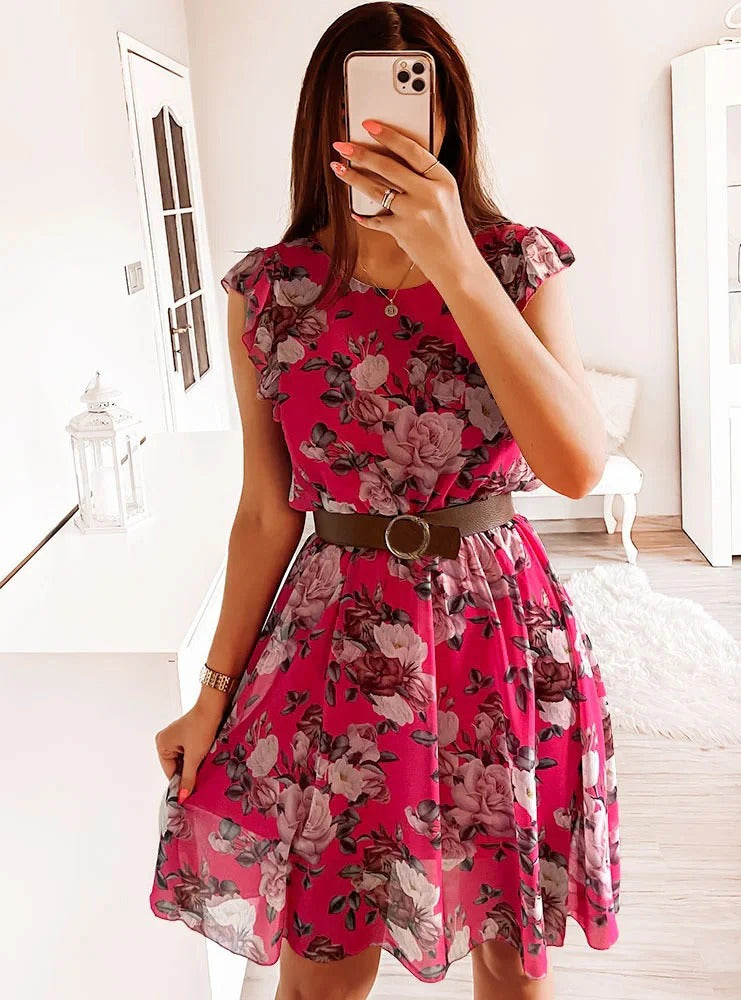 Women's Floral Print Mini Dress with Double Flutter Sleeves