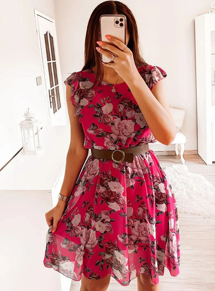 Women's Floral Print Mini Dress with Double Flutter Sleeves