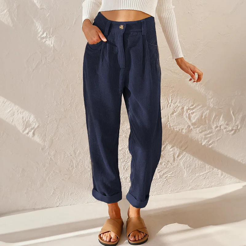 Women's High-Waisted Ribbed Straight-Leg Trousers