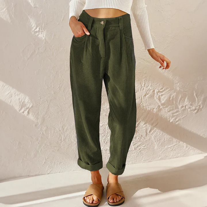 Women's High-Waisted Ribbed Straight-Leg Trousers