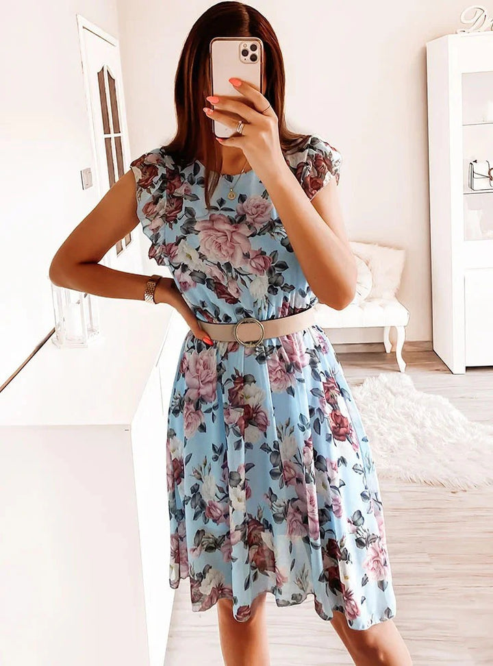 Women's Floral Print Mini Dress with Double Flutter Sleeves