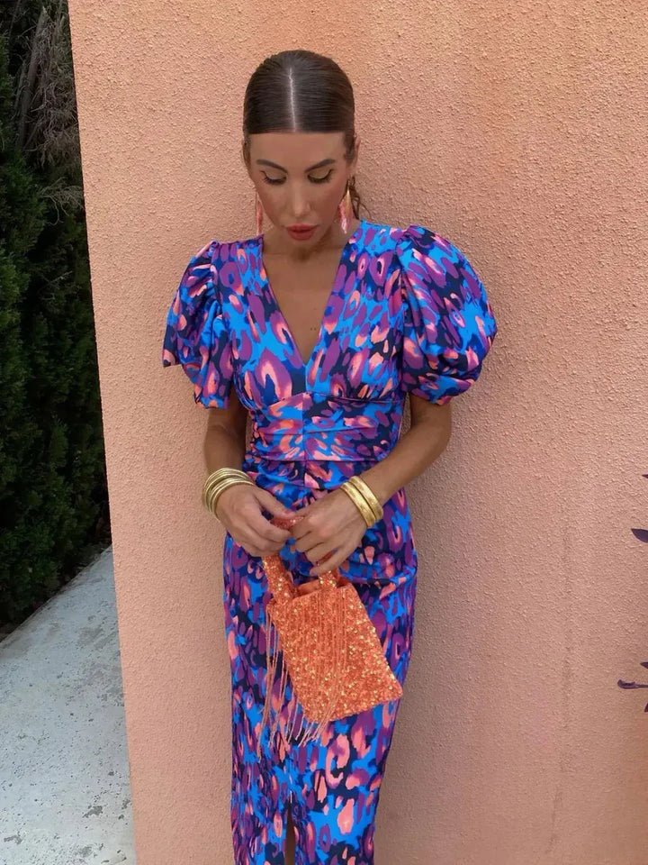 Women's Abstract Print Midi Dress with Puff Sleeves
