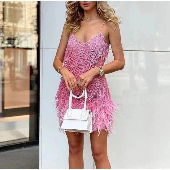 Women's Fringe and Feather Trim Mini Cocktail Dress