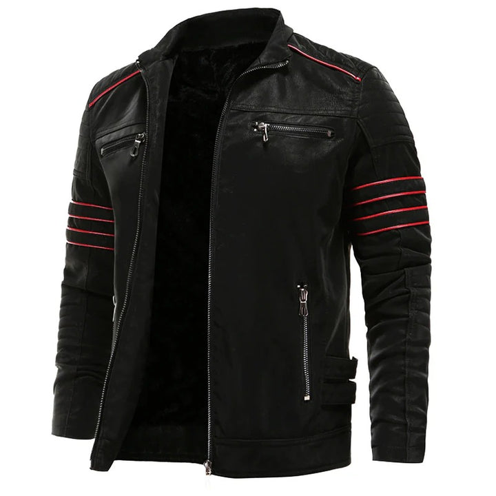 Men’s Leather Jacket with Stand-Up Collar and Zipper Details