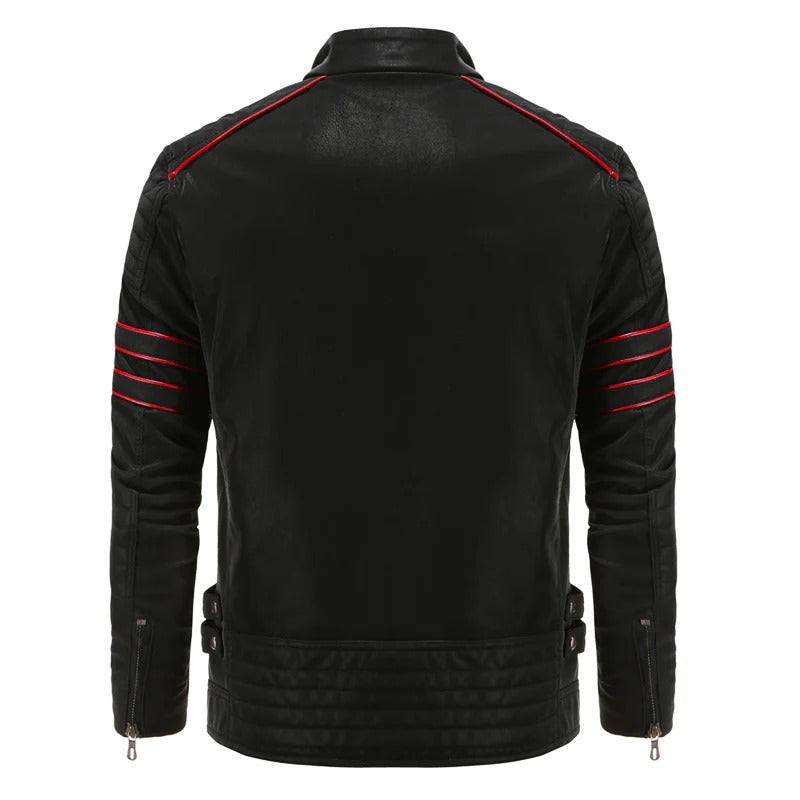 Men’s Leather Jacket with Stand-Up Collar and Zipper Details