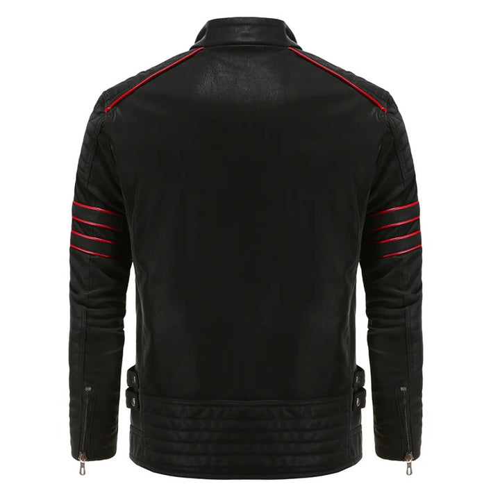 Men’s Leather Jacket with Stand-Up Collar and Zipper Details