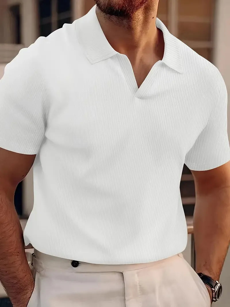 Men’s Ribbed Knit Polo Shirt with Open V-Neckline
