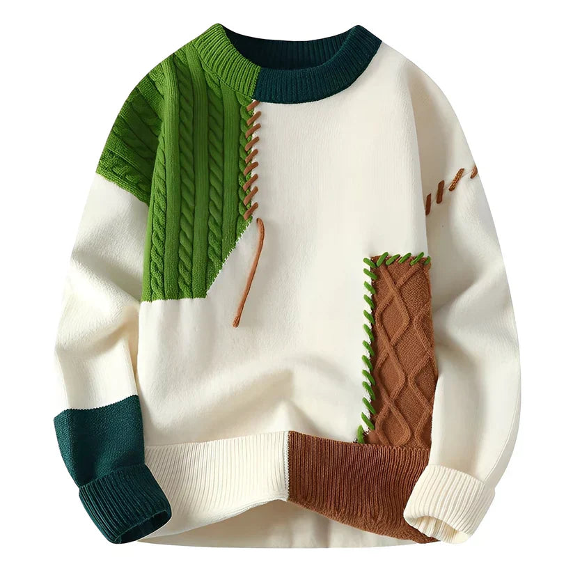 Men’s Crew Neck Sweater with Patchwork Pattern