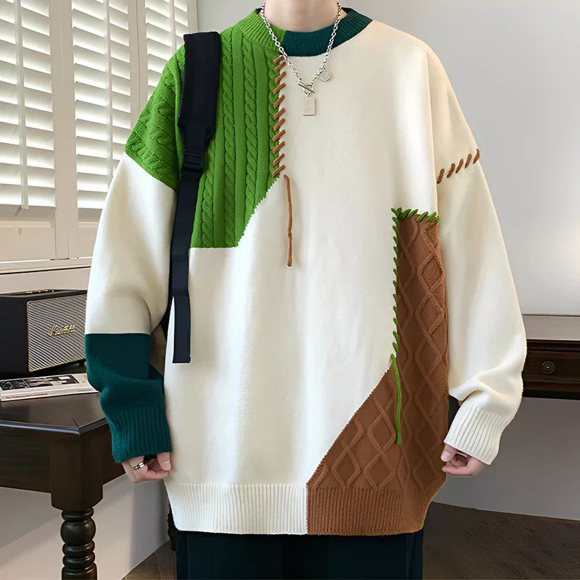 Men’s Crew Neck Sweater with Patchwork Pattern