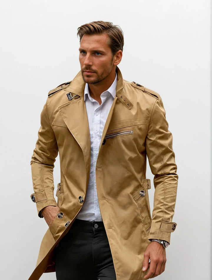 Men’s Mid-Length Coat with Stand-Up Collar