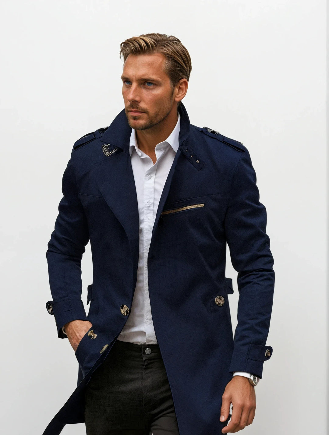 Men’s Mid-Length Coat with Stand-Up Collar