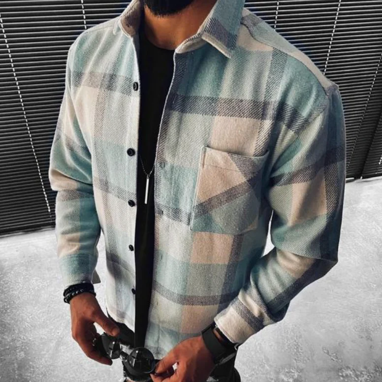 Men’s Plaid Shirt with Long Sleeves and Button Closure