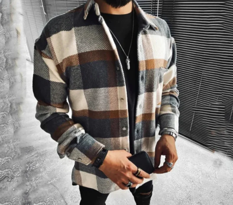 Men’s Plaid Shirt with Long Sleeves and Button Closure