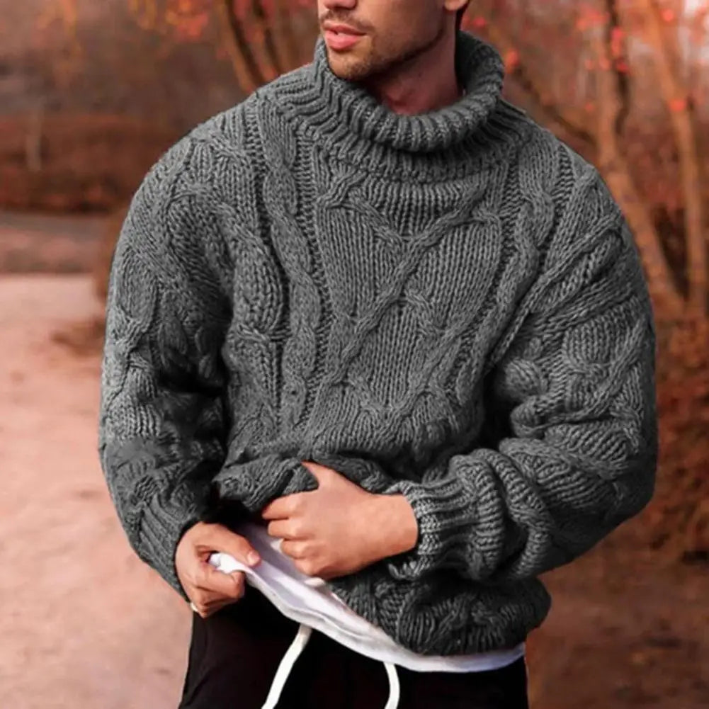 Men’s Sweater with Cable Knit and Stand-Up Collar