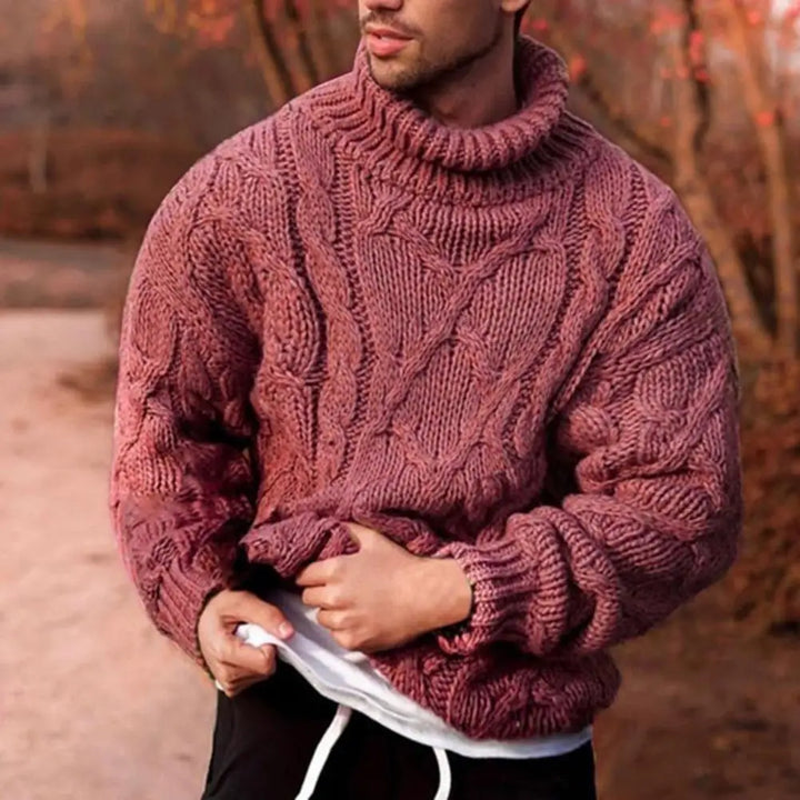 Men’s Sweater with Cable Knit and Stand-Up Collar