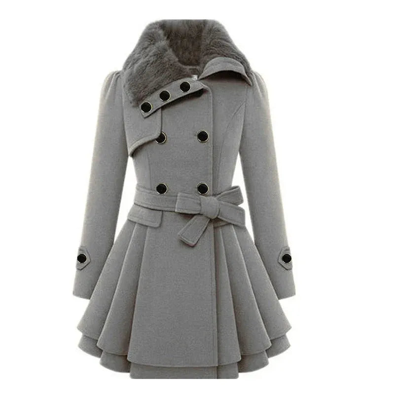 Women’s Double-Breasted Coat with Faux Fur Collar