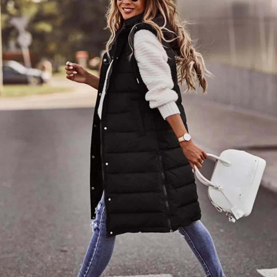 Women’s Long Quilted Vest with Hood