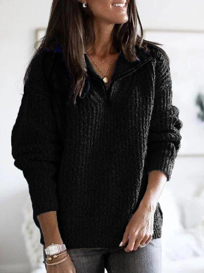 Women’s Ribbed Sweater with Half-Zip and Collar